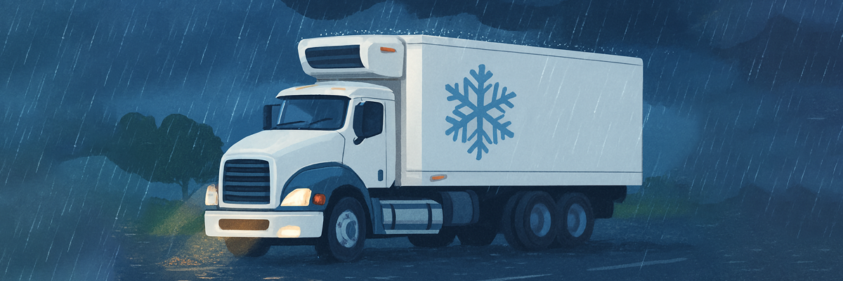 Camión refrigerado viajando bajo la lluvia.