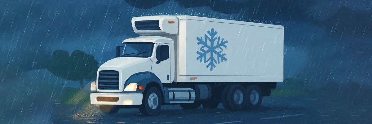 Camión refrigerado viajando bajo la lluvia.
